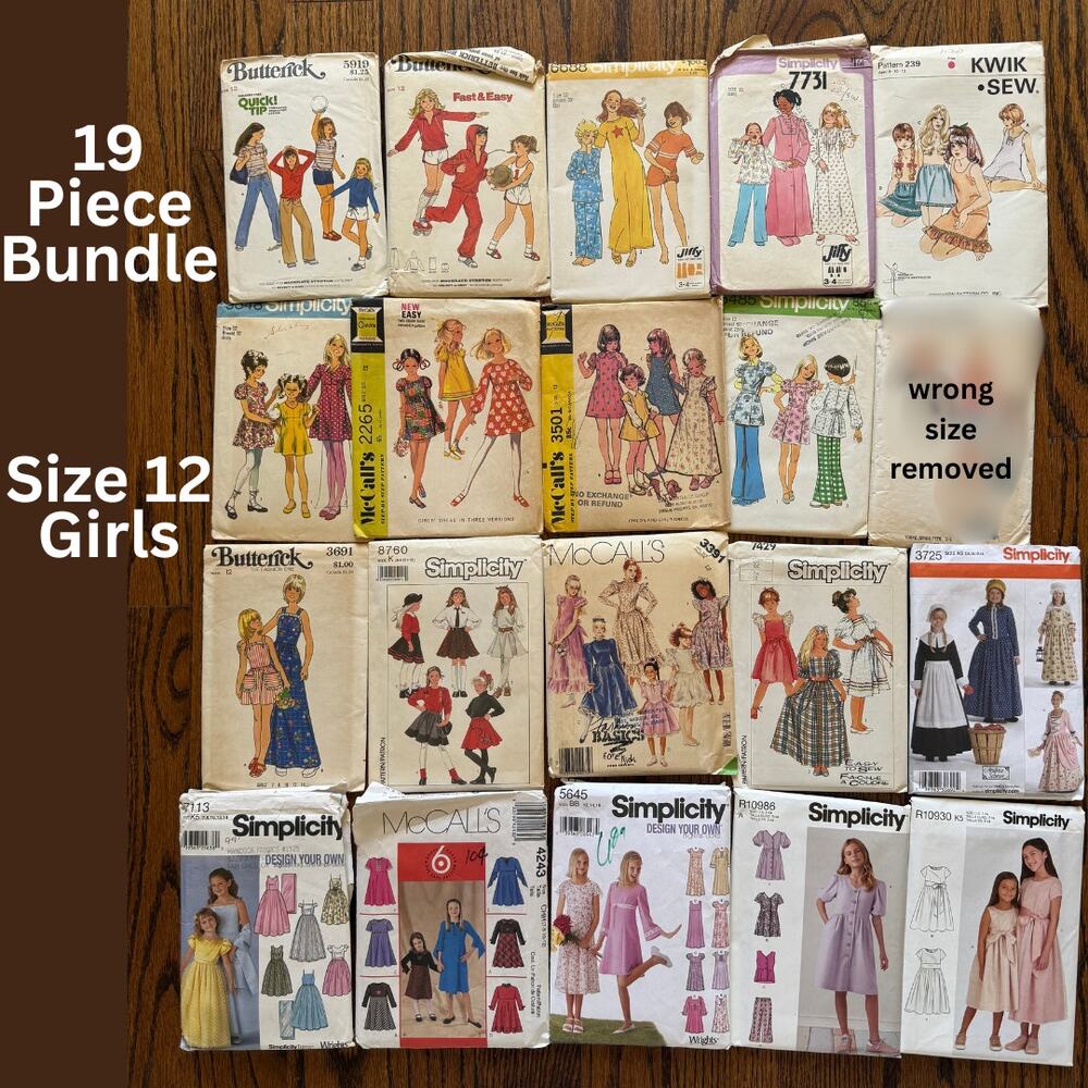 19 Piece Vintage Sewing Pattern Bundle Lot Girl's 12 60s 70s 80s 90s Y2k Current